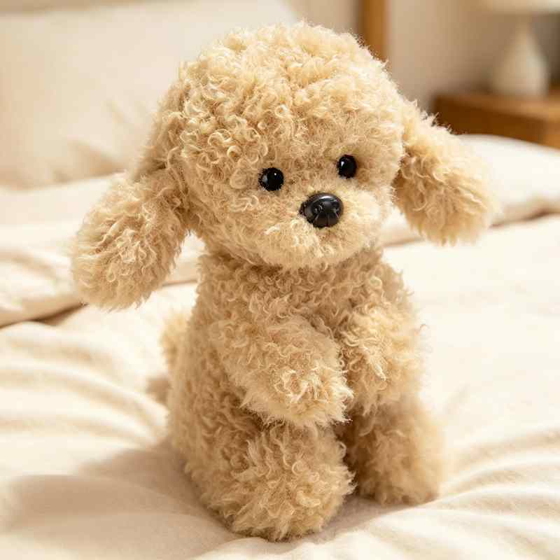 Premium stuffed toy poodle puppy with curly brown fleece sitting on a bed, ideal for modern retail boutique supply.