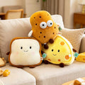 Premium toast, cheese, and potato plush cushions stacked on a sofa for global home decor sourcing.
