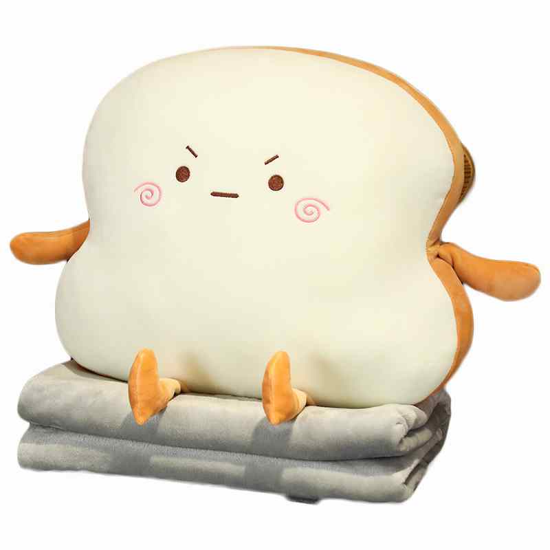 Premium kawaii toast plushie cushion displayed on a grey fabric background, designed for global B2B distributors and novelty gifts.