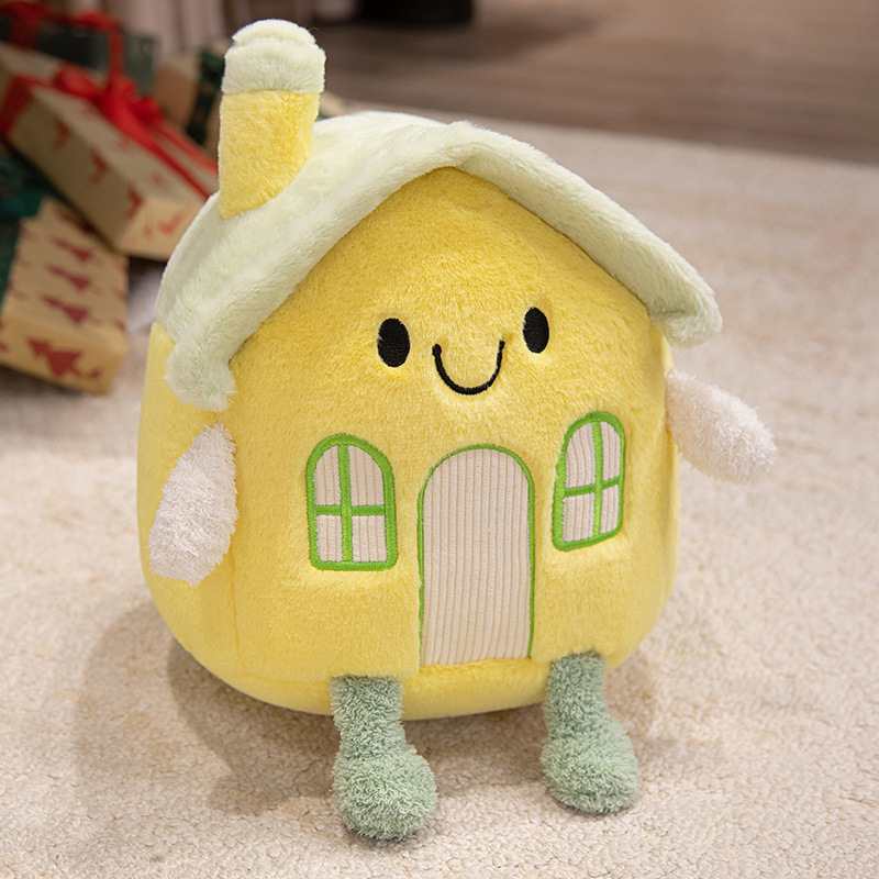 Premium kawaii yellow house stuffed animal with green legs sitting on a rug for B2B wholesale.