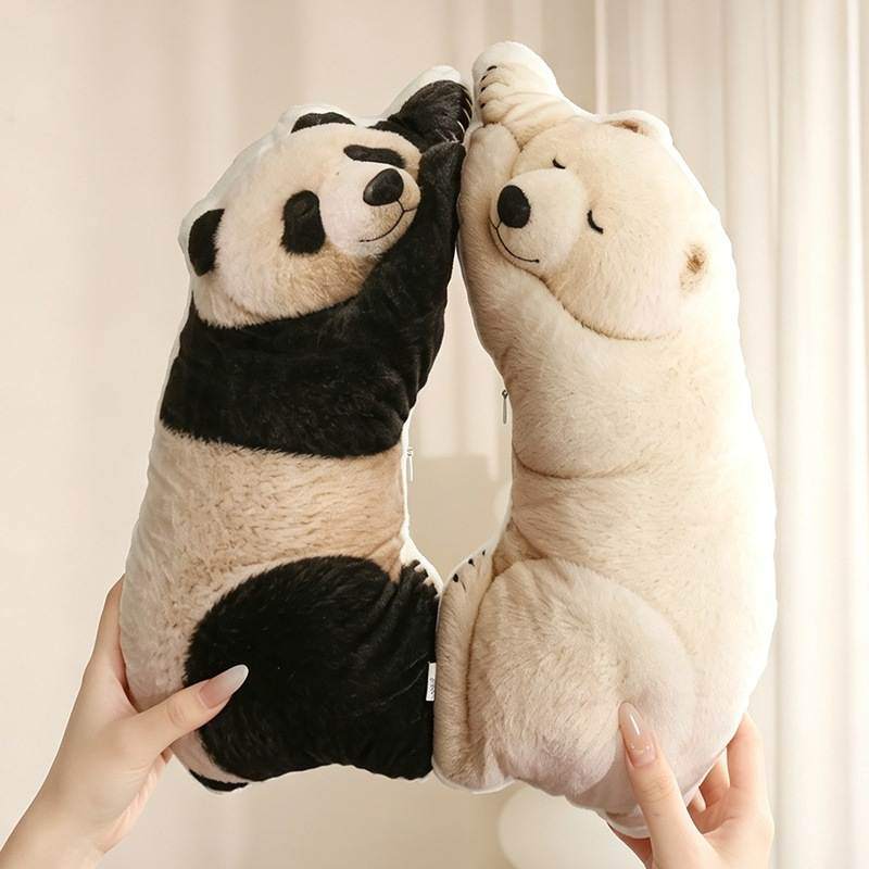 Private-label sleeping panda and polar bear plush pillows held back-to-back for B2B wholesale assortment.