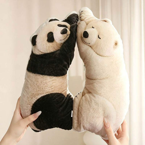 Private-label sleeping panda and polar bear plush pillows held back-to-back for B2B wholesale assortment.