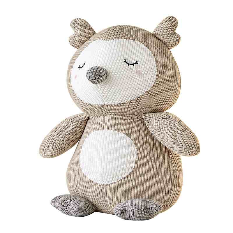 Private label beige knitted owl plush toy on a clean white background for custom OEM sourcing from China.