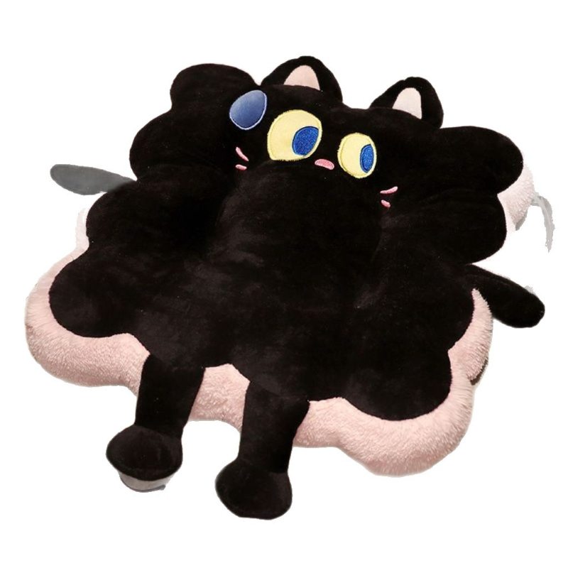 Private label black cat plush seat cushion on clean background for custom OEM sourcing.