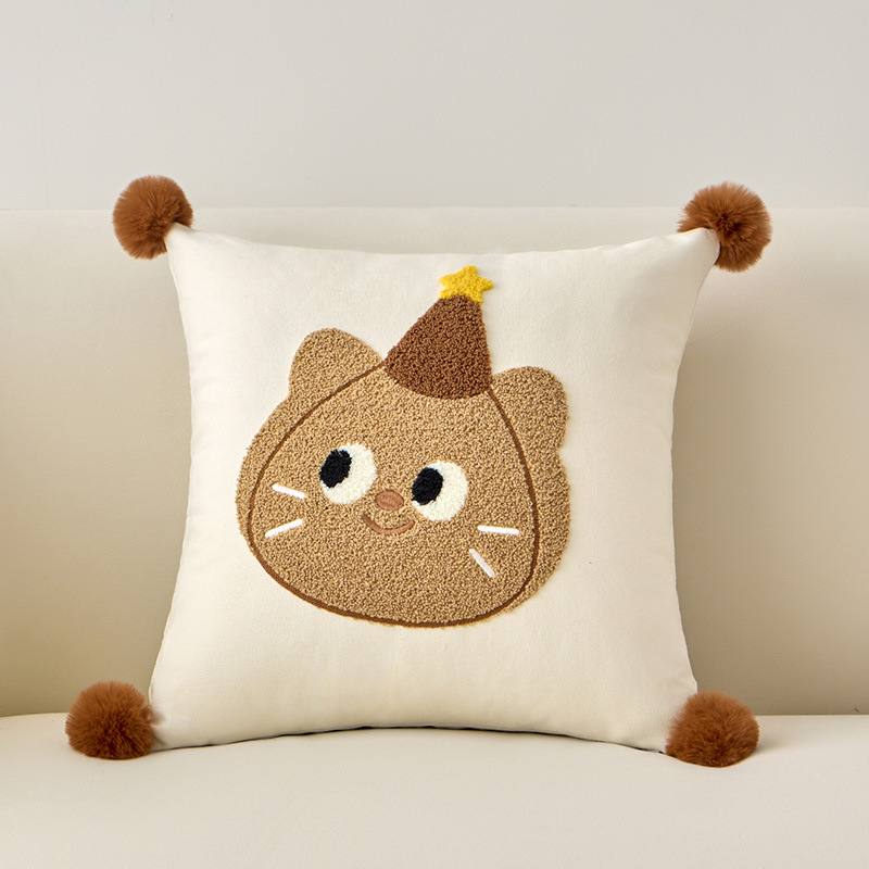 Private label brown cat embroidered cushion wearing a party hat for custom OEM manufacturing.