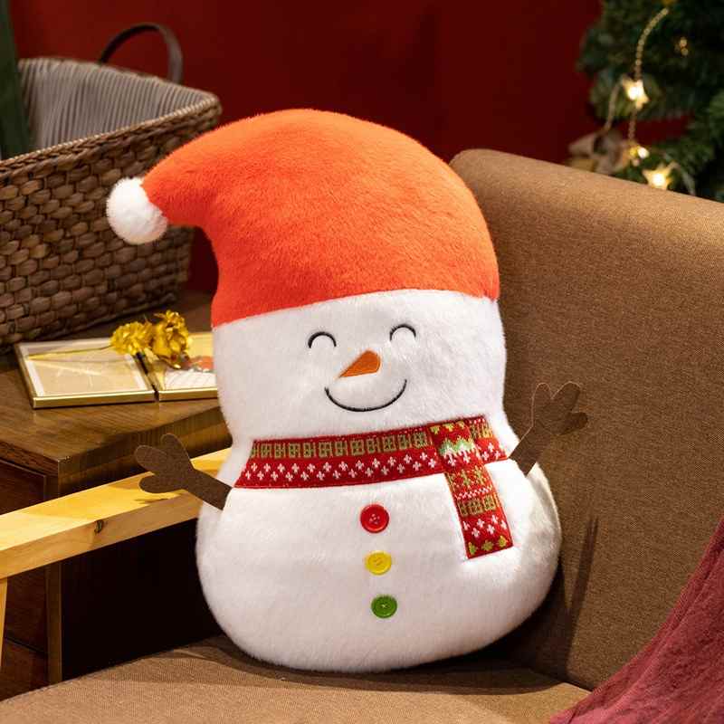 Private-label Christmas snowman stuffed toy wearing an orange hat and festive scarf for B2B supply.