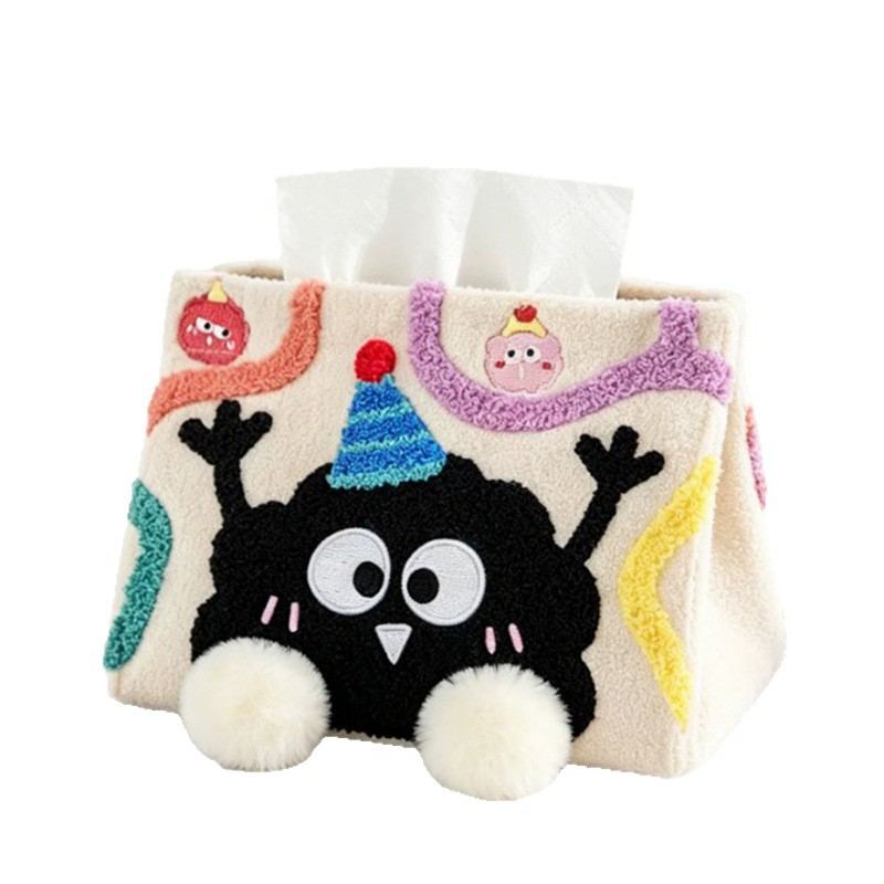Private label funny monster tissue box cover on clean background for custom OEM plush manufacturers.