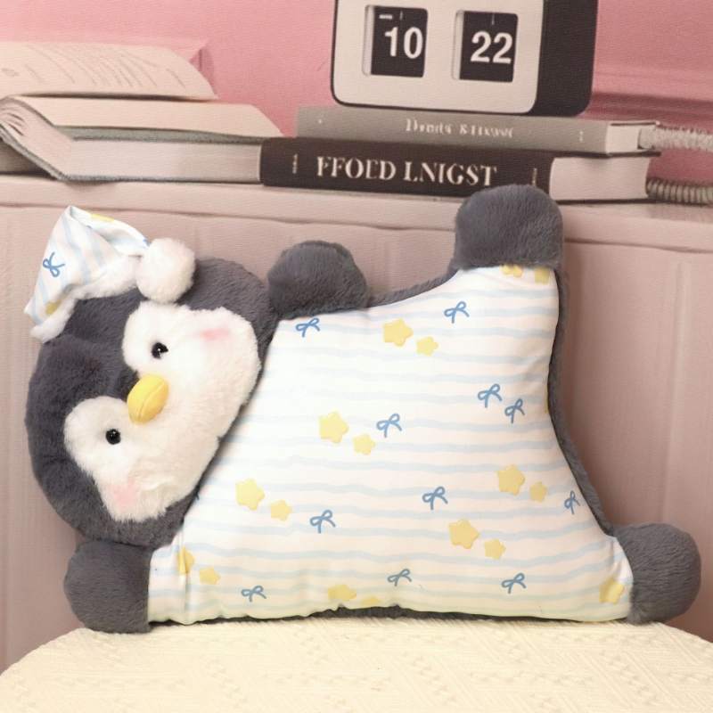 Private label grey penguin stuffed backrest cushion wearing a striped nightcap for OEM manufacturing.