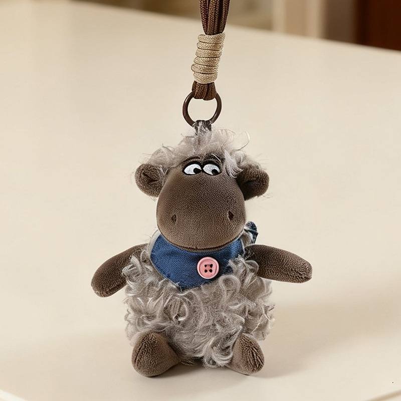 Small brown sheep stuffed animal keyring with scarf on a table for high-ROI distributors.