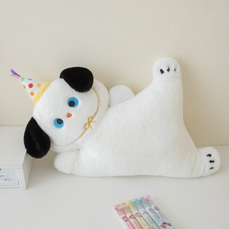 Private label white puppy stuffed animal with polka dot party hat for custom OEM plush manufacturing.