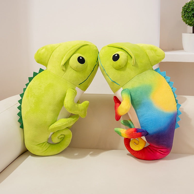 Wholesale green and rainbow chameleon plush toys displayed by direct B2B supplier.