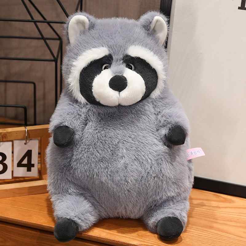B2B wholesale cute fat raccoon stuffed animal showing front and back premium stitching details.