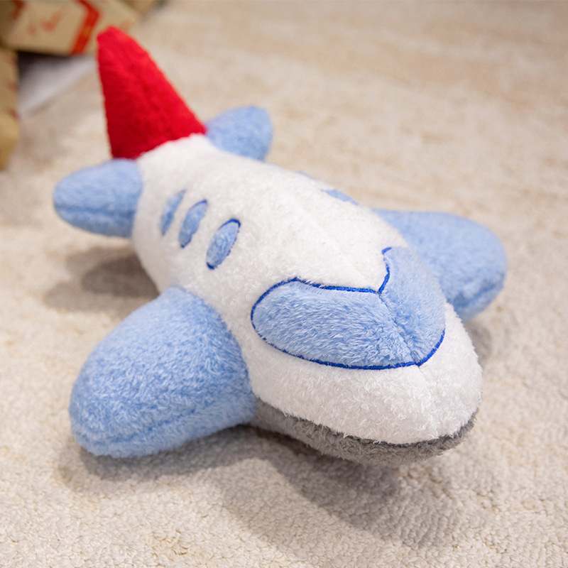 Custom blue and white airplane soft toy highlighting premium OEM manufacturing details.