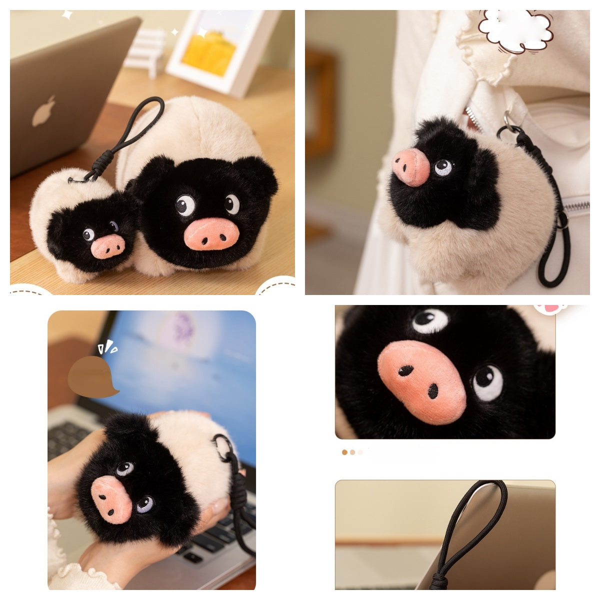 Cute black-faced pig plush keychain hanging on a white bag, perfect aesthetic bag charm and accessory for girls.
