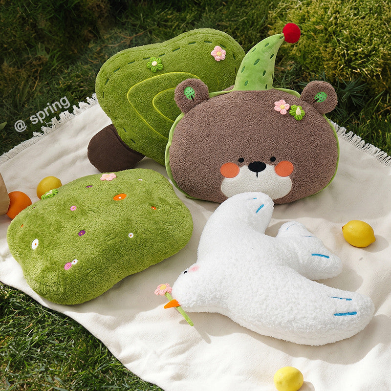Complete Spring Forest plush collection including bear, bird, tree, and grass pillows by FancyPlushies.