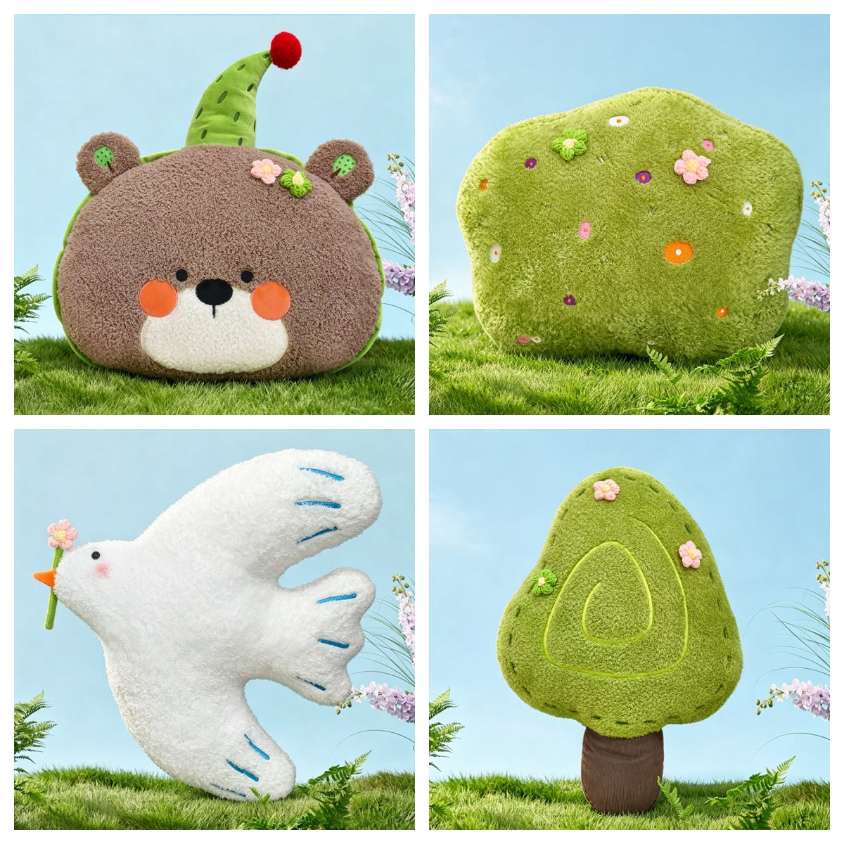 Complete Spring Forest plush collection including bear, bird, tree, and grass pillows by FancyPlushies.