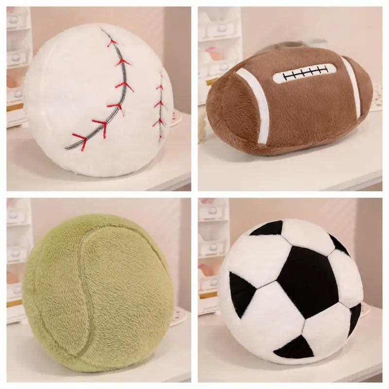 Collection of soft stuffed sports balls in bulk including baseball, American football, tennis, and soccer from B2B plush toy manufacturer.