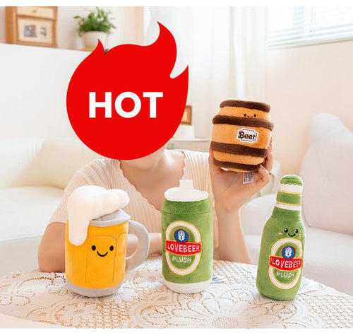 Woman holding up funny beer barrel, mug, can, and bottle plush toys, showcasing popular wholesale arcade prizes.