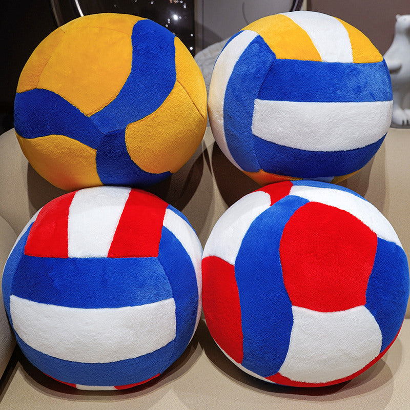 Trending sports room decor volleyball plushies stacked on a couch, perfect for low MOQ mixed-carton bulk wholesale ordering.