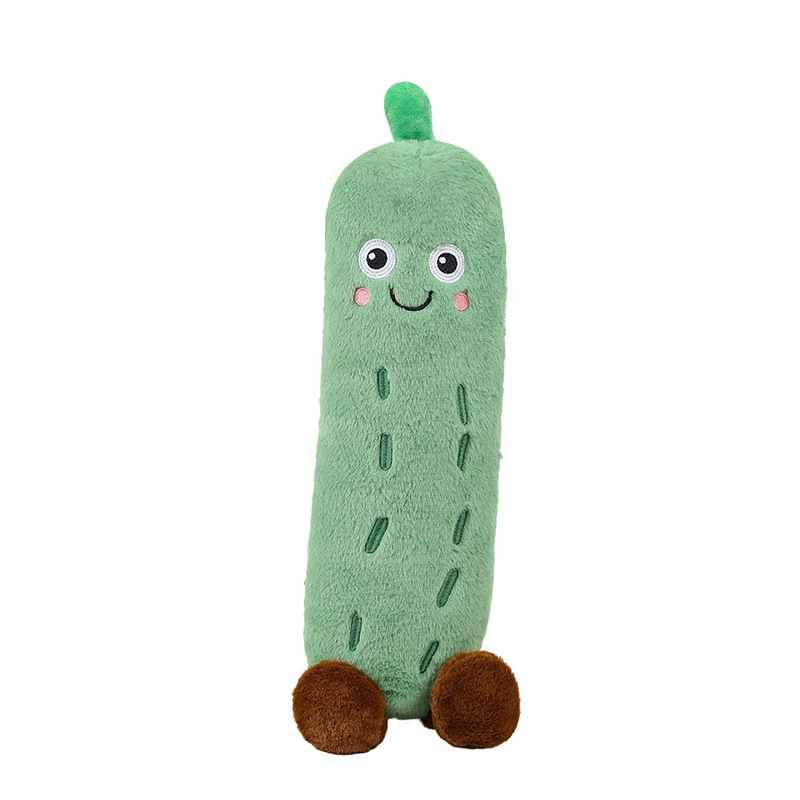 Single cute green cucumber plush toy with a kawaii smiling face and brown feet, isolated for wholesale catalog and gift shop inventory.