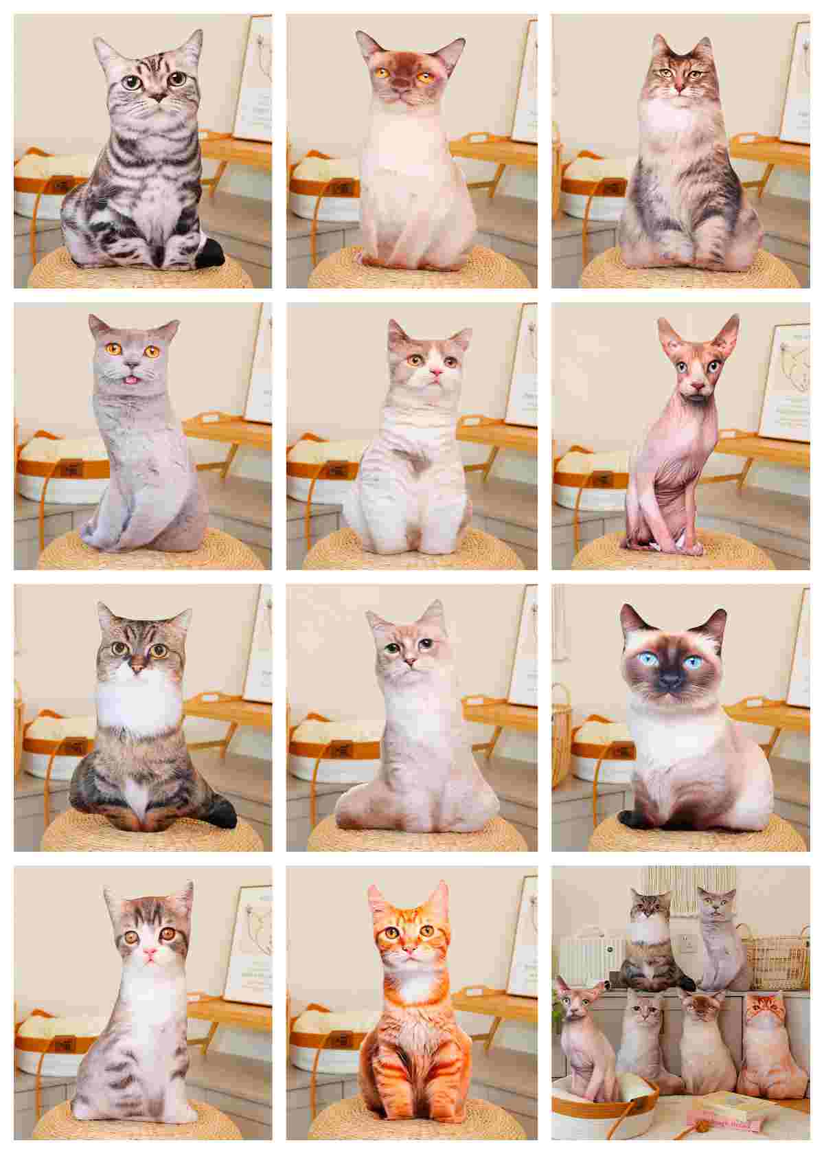 Wholesale assorted 3D realistic cat pillow collection featuring 12 breeds for global retail supply.
