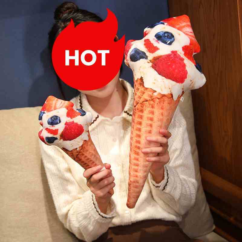 Wholesale berry ice cream plushies held by a girl, an eye-catching novelty gift for global plush importers and toy chains.