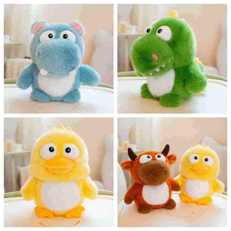Wholesale big-eye animal plush assortment catalog featuring cute hippos, ducks, and dinosaurs for toy distributor sourcing.