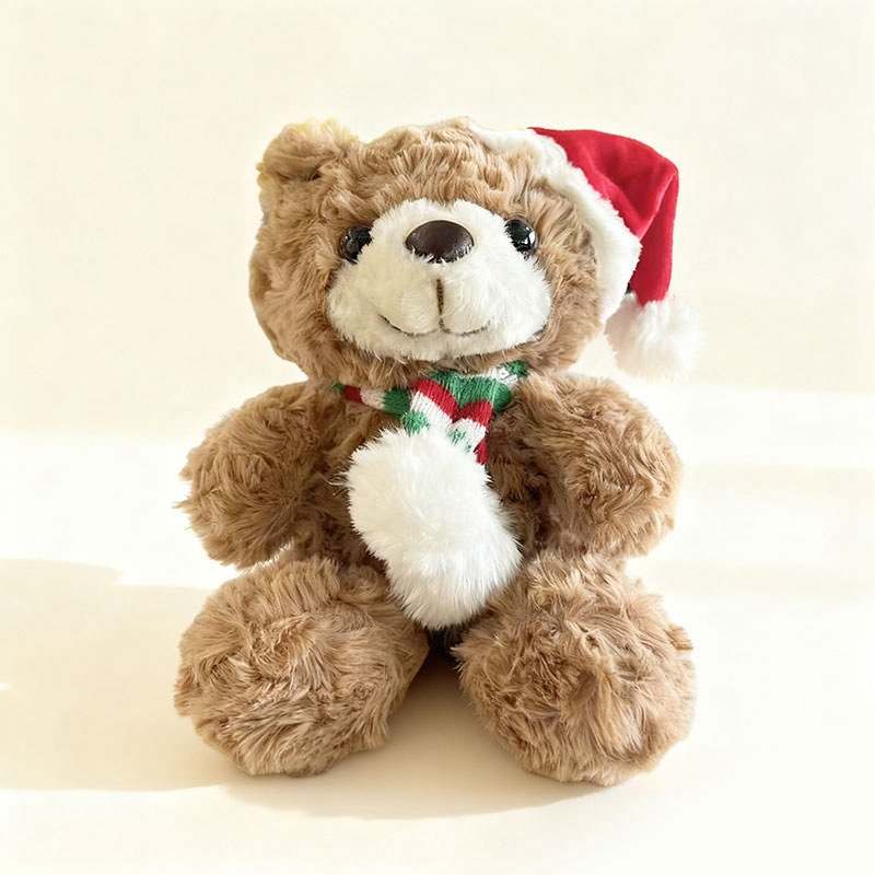 Wholesale brown holiday teddy bear plush with striped scarf and Christmas hat