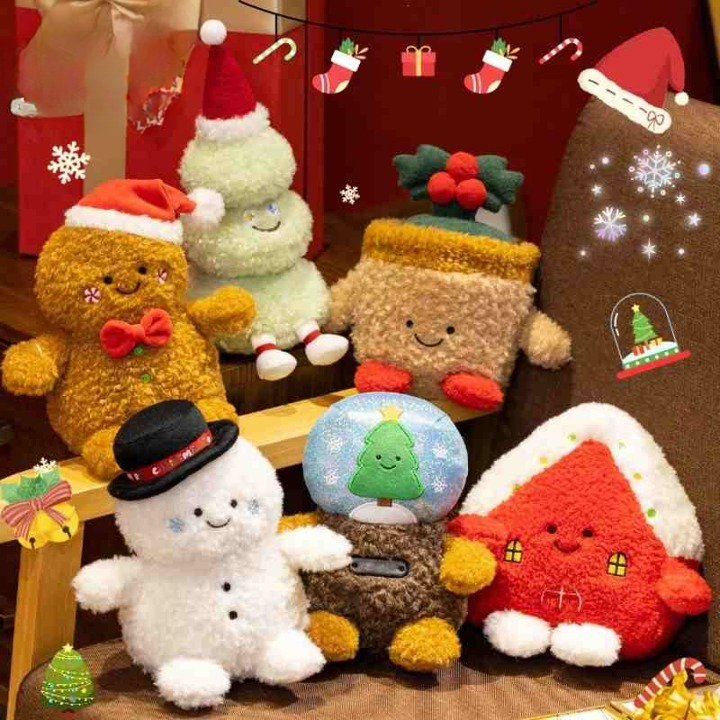 Bulk collection of Christmas plush toys including snowman, gingerbread man, and snow globe designs