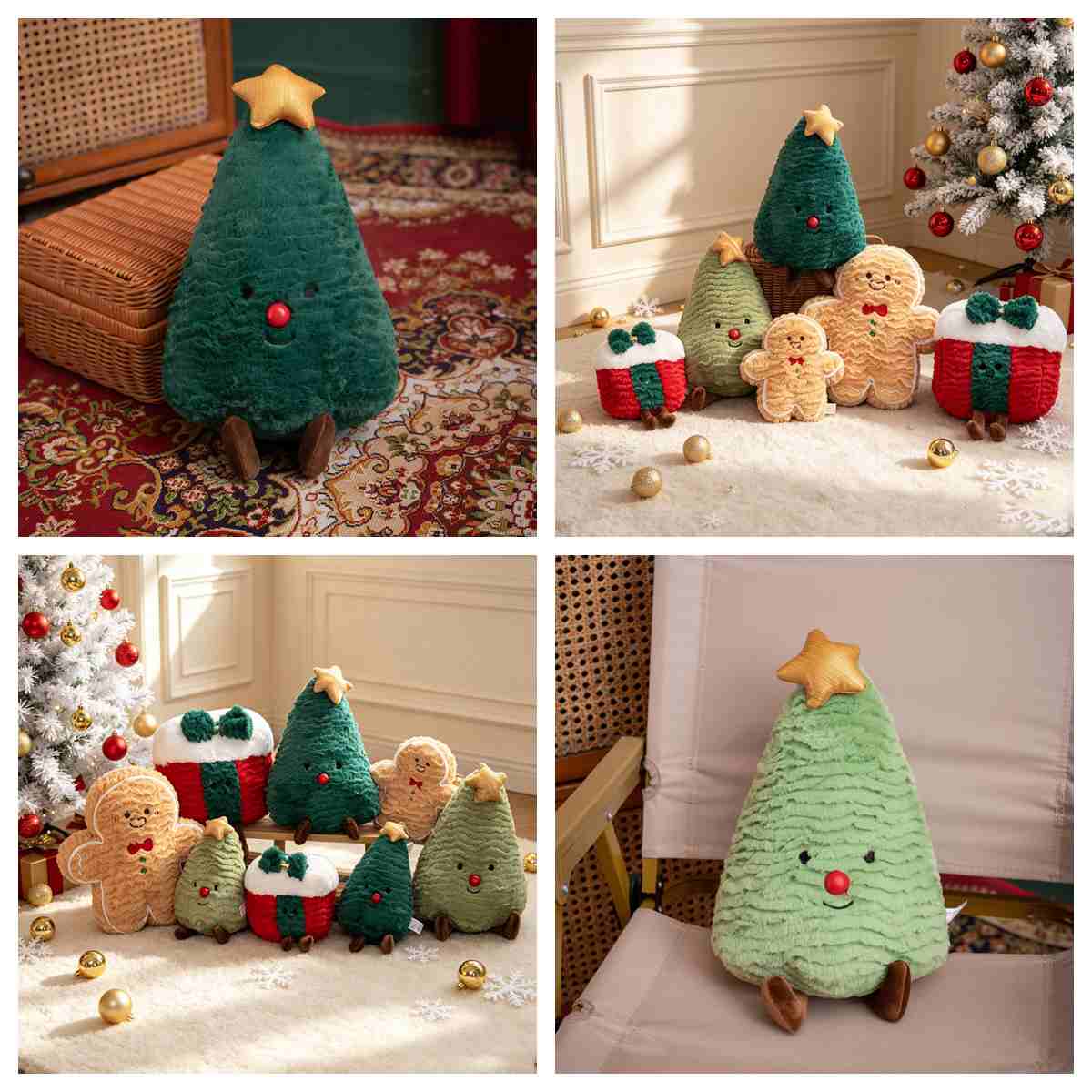 Wholesale christmas plush toy assortment 4-grid catalog featuring gingerbread man and xmas tree cushions for holiday boutique sourcing.