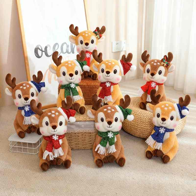 Wholesale Christmas reindeer plush collection featuring festive hats and scarves, ideal for holiday retail displays.