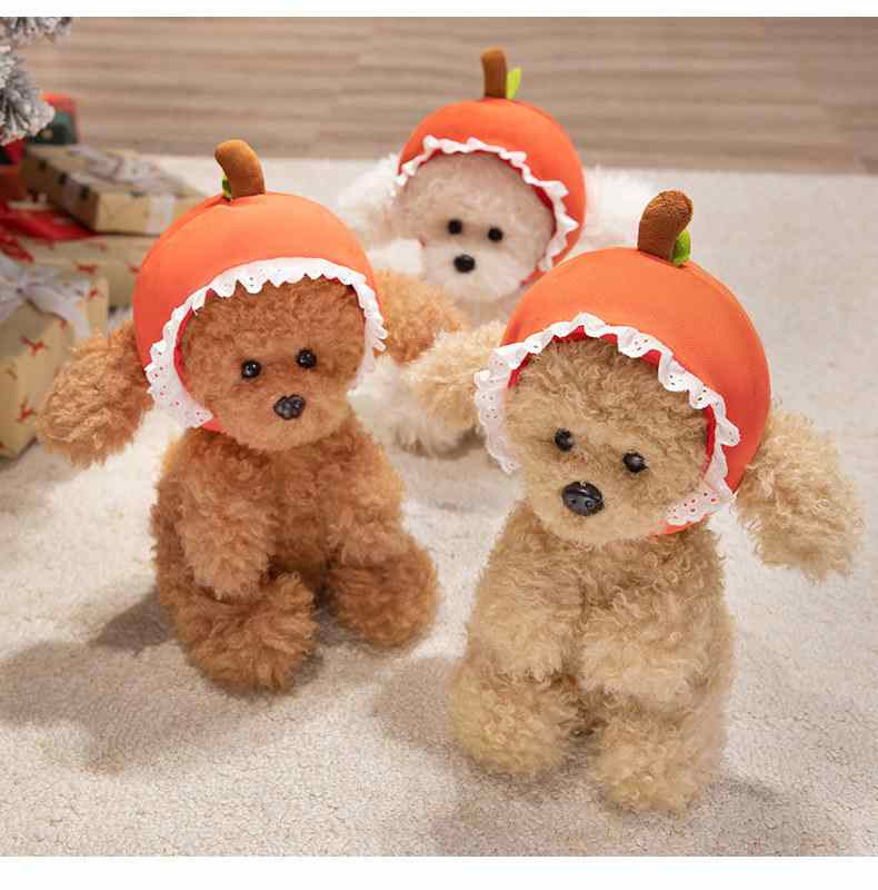 Wholesale curly poodle plush with lace orange hats group display showcasing premium textured detail for global cross-border B2B orders.