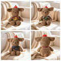 A comprehensive four-panel display showcasing a charming brown plush dog with a red apple, featuring different colored plaid bandanas (yellow, green, navy) and a back view. This grid emphasizes the extensive SKU variety, manufacturing scale, and suitability for bulk promotional plush toy orders in Canada.