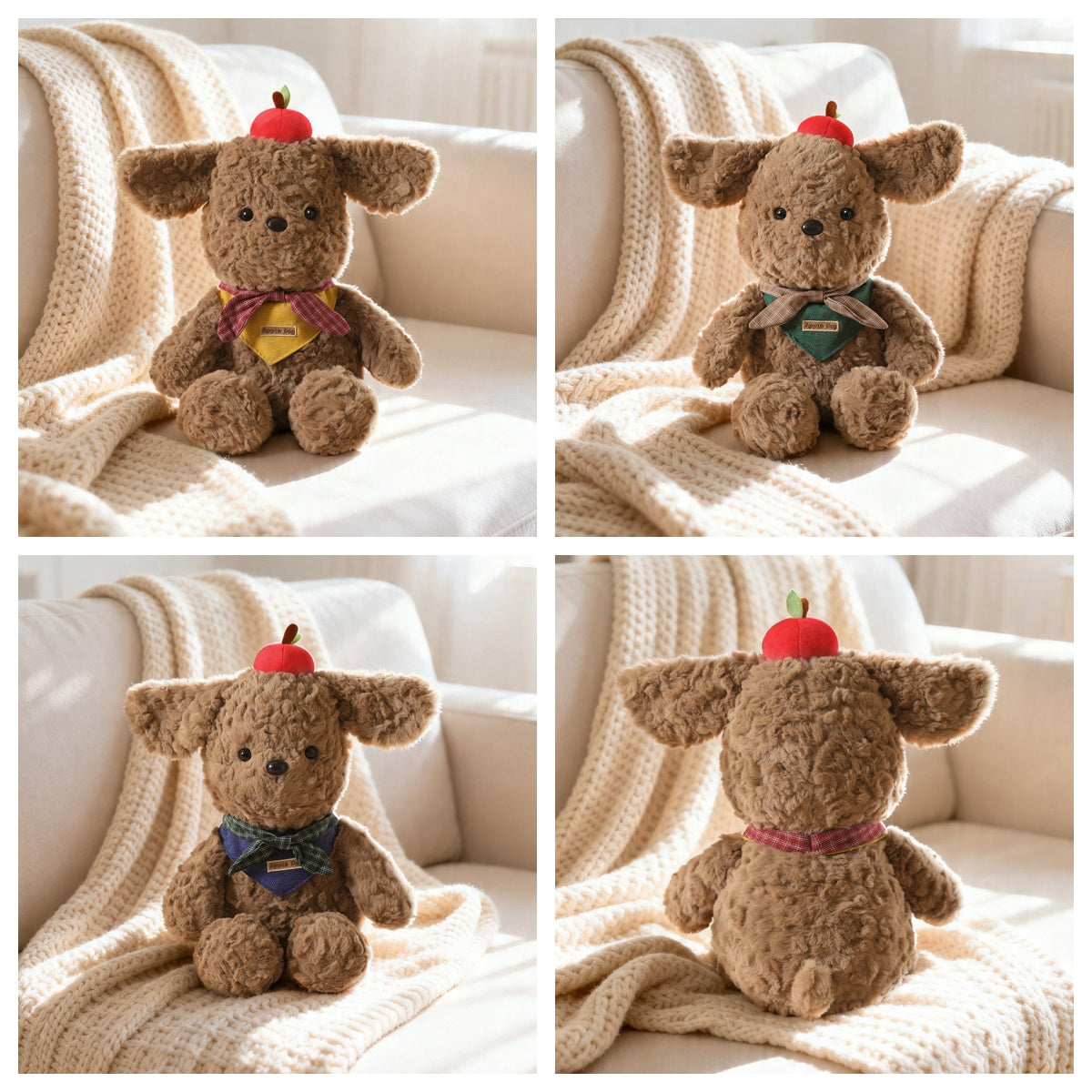 A comprehensive four-panel display showcasing a charming brown plush dog with a red apple, featuring different colored plaid bandanas (yellow, green, navy) and a back view. This grid emphasizes the extensive SKU variety, manufacturing scale, and suitability for bulk promotional plush toy orders in Canada.