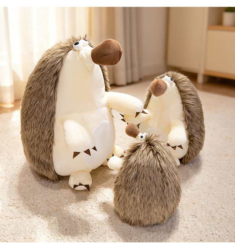 Wholesale cute spiky hedgehog stuffed toy assortment interacting on a rug, perfect for cross-channel B2B wildlife toy sourcing.