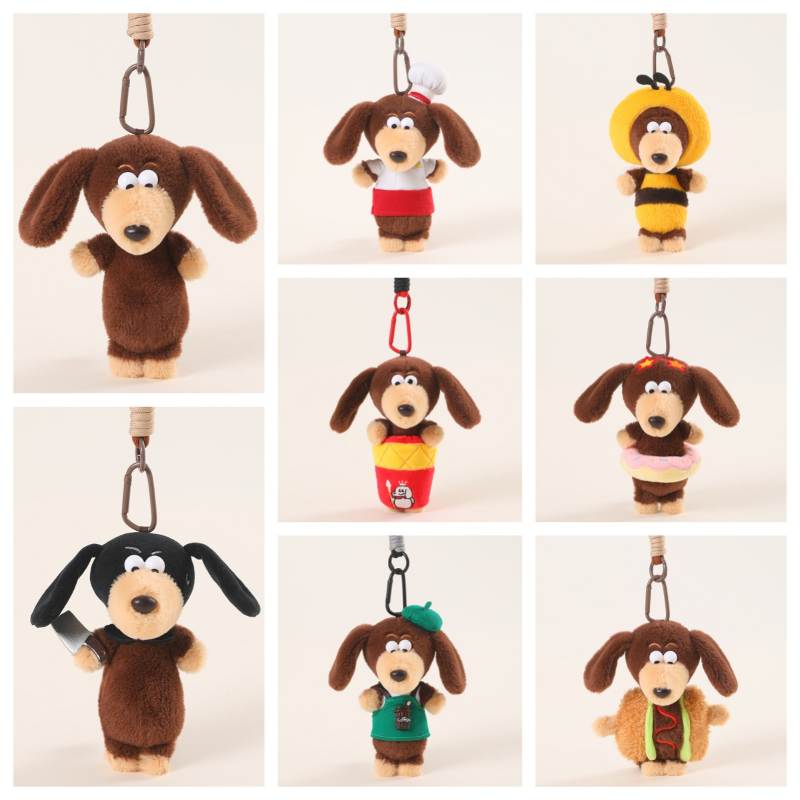 Wholesale funny dachshund plush keychain assortment featuring barista, chef, and hotdog sausage dog bag charms for B2B sourcing.