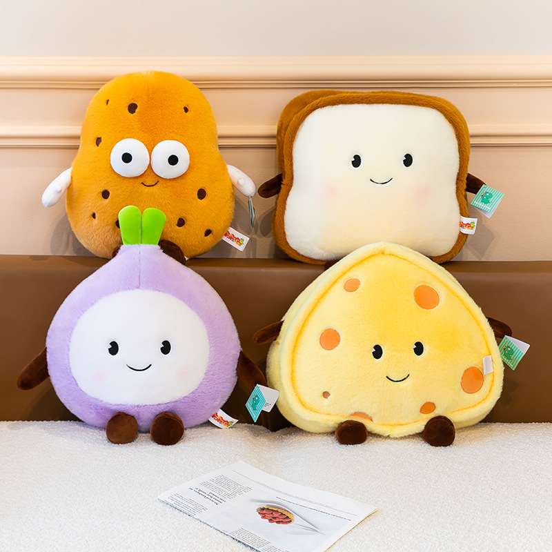 Wholesale funny food and vegetable plush pillow assortment featuring potato, toast, cheese, and onion for B2B sourcing.