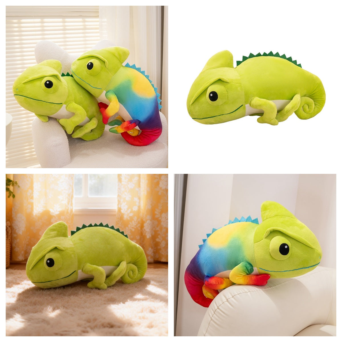 Wholesale green and rainbow chameleon plush catalog from B2B supplier Fancy Plushies.