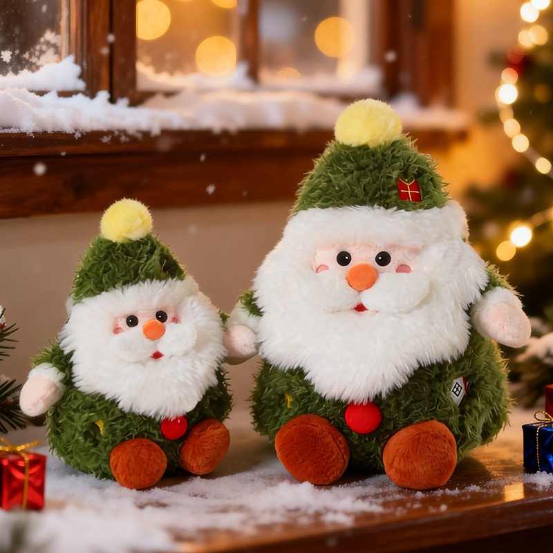 Wholesale green Santa Claus plush toys displayed on a snowy windowsill with warm holiday lights for B2B.