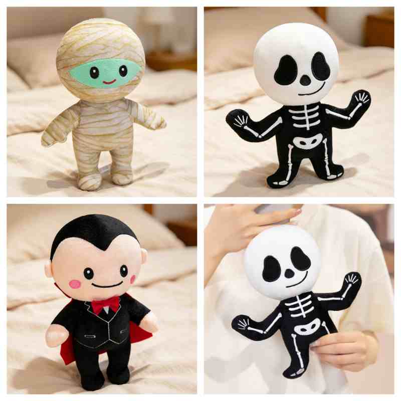 Wholesale Halloween monster plush assortment catalog featuring custom mummy, vampire, and skeleton designs for private label sourcing.