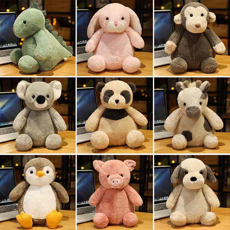 Wholesale kawaii chubby animal plush toy assortment catalog featuring koala, panda, bunny, and dinosaur stuffed animals for B2B sourcing.
