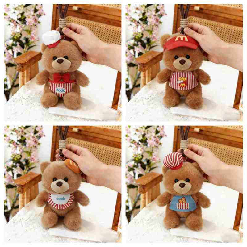 Wholesale kawaii chef teddy bear keychain assortment featuring plush bears in cook aprons, baker hats, and fast food caps for B2B sourcing.