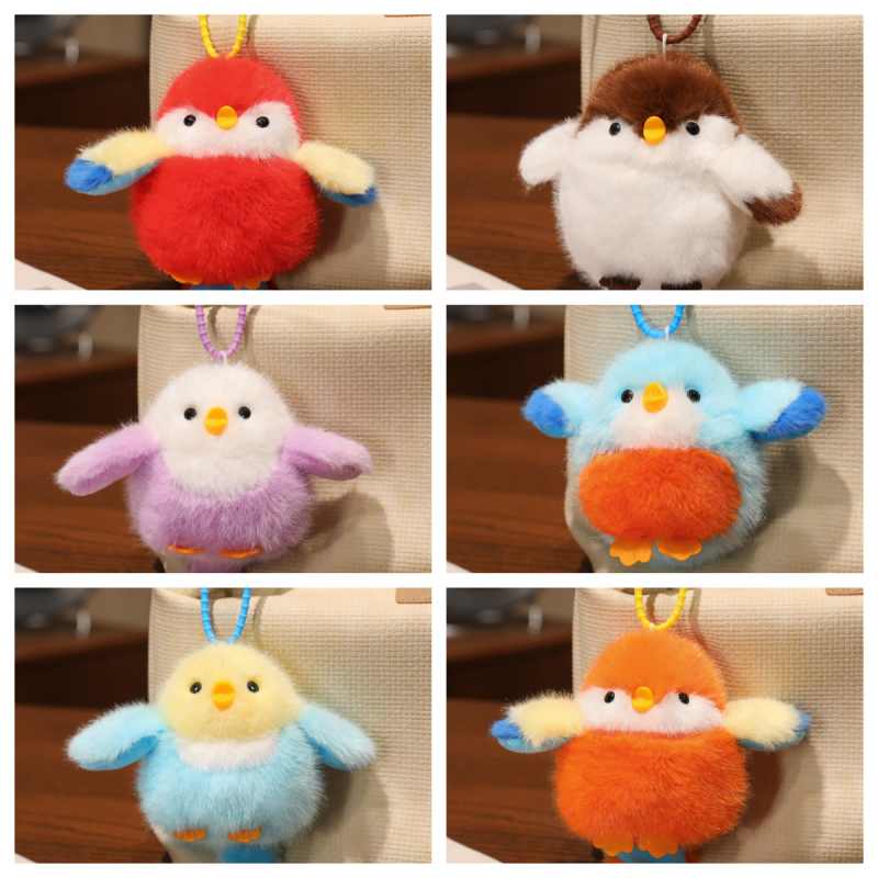 Wholesale kawaii fluffy bird plush keychain assortment featuring 6 vibrant colors, ideal for B2B toy distribution.