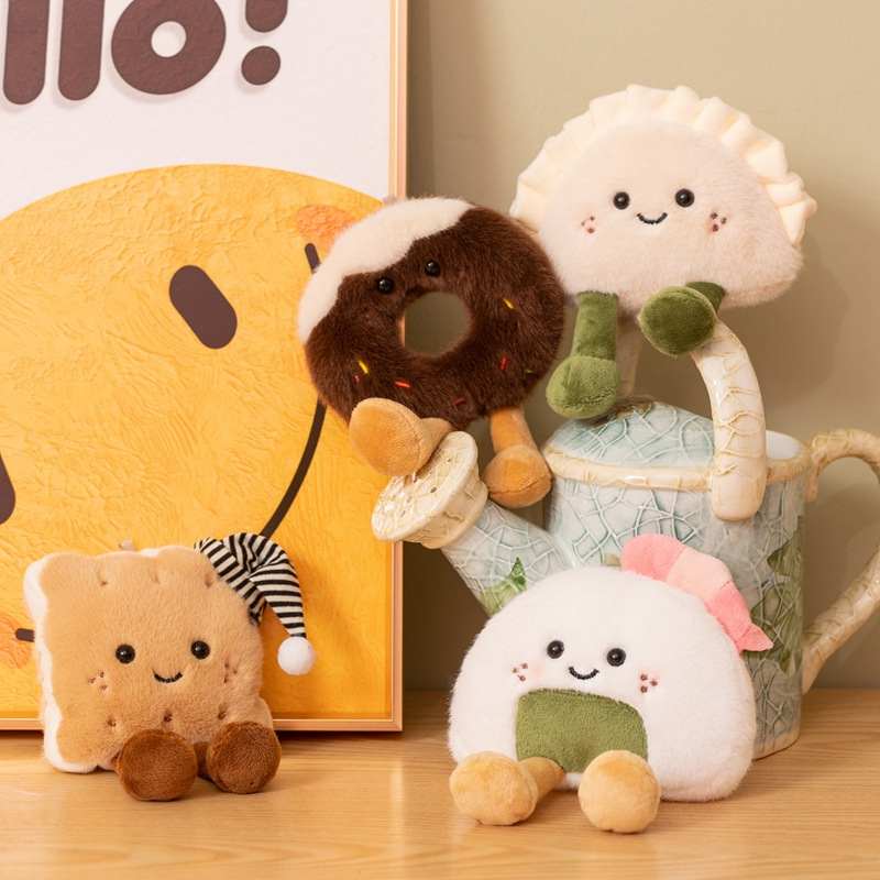 Wholesale kawaii food plush toy assortment including donut, rice ball, biscuit, and dumpling around a water bottle for B2B sourcing.