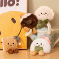 Wholesale kawaii food plush toy assortment including donut, rice ball, biscuit, and dumpling around a water bottle for B2B sourcing.