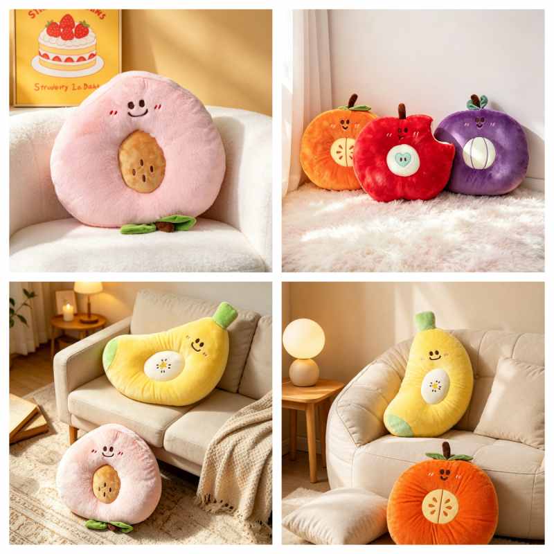 Wholesale kawaii fruit plush cushion assortment catalog showcasing avocado, banana, and orange designs for boutique sourcing.