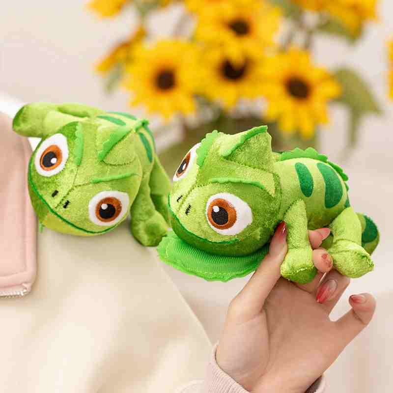 Wholesale kawaii green chameleon plush toys with big eyes, displayed against a sunflower background for custom private label sourcing.
