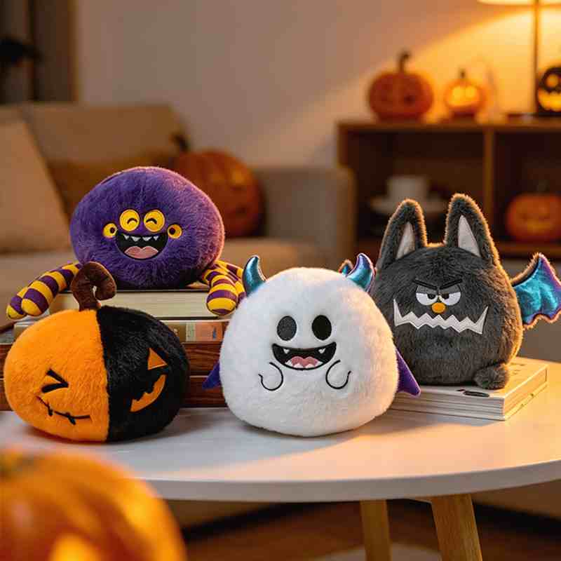 Wholesale kawaii Halloween round plush assortment with a hot seller tag, showing spider, pumpkin, ghost, and bat designs for B2B supply.