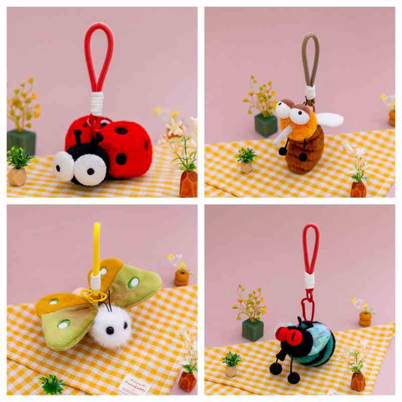 Wholesale kawaii insect plush keychain assortment featuring ladybugs and flies, ideal for B2B toy distribution.