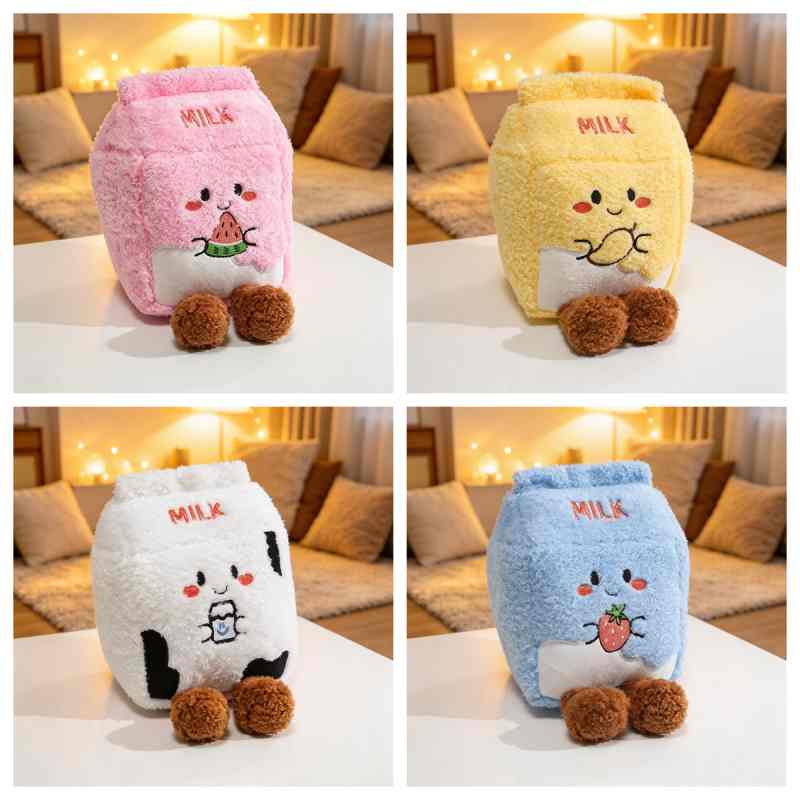 Wholesale kawaii milk carton plush assortment catalog featuring strawberry, watermelon, lemon, and classic designs for boutique sourcing.